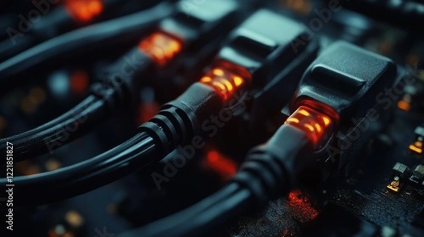 Fototapeta Closeup of tangled black computer cables electrical ports and power cords on a dark abstract background  Concept of digital connectivity electronic equipment and technological infrastructure