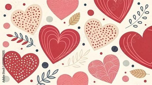 Fototapeta Abstract illustration of hearts and dots on light beige background. Valentine's Day celebration concept
