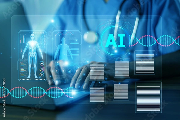 Fototapeta Doctor actively training an advanced AI system by inputting medical cases and outcomes to enhance patient care and improve diagnosis accuracy