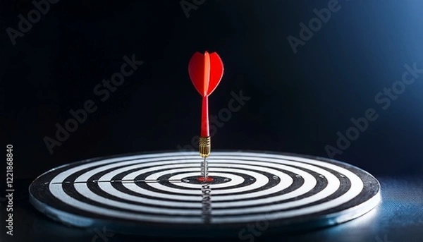 Fototapeta Red dart hitting the bullseye on a dartboard.
