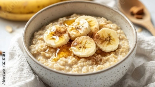 Fototapeta A bowl of classic oatmeal topped with sliced bananas, honey, and a sprinkle of cinnamon