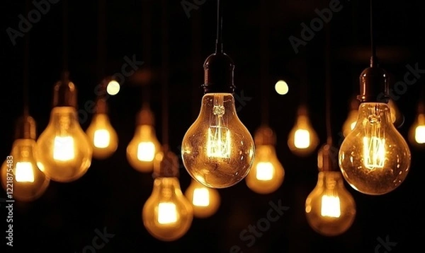 Fototapeta Glowing vintage light bulbs hanging in dark room, creating warm ambiance, ideal for background