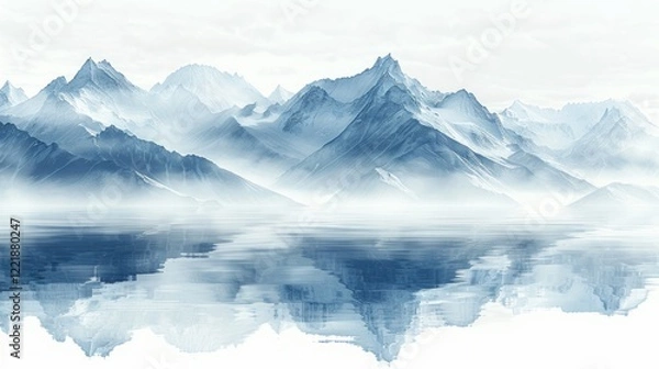 Obraz Blue snowcapped mountains reflected in a still lake. AI generative. .