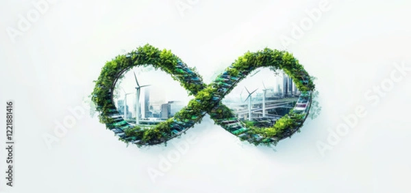 Fototapeta A scene full of futuristic and environmentally friendly concepts. In the picture, a modern train passes through an infinity symbol (∞) shape made of green plants.