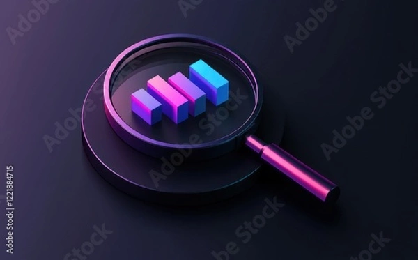 Fototapeta Minimalist 3D graph with a magnifying lens, purple and blue.