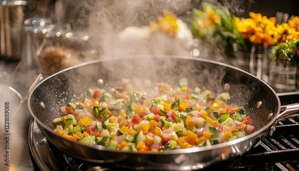 Fototapeta stir-fried vegetables featuring vibrant bell peppers and an assortment of fresh herbs, served in a sizzling wok with a glossy sauce