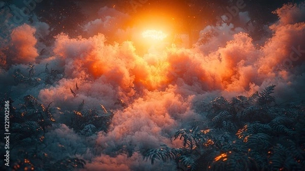 Fototapeta An orange smoke cloud in a dramatic atmosphere as the sun sets, with dense fog and mist 