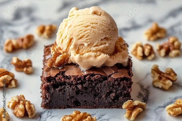Fototapeta A walnut-flavored brownie and an ice cream scoop and walnuts around. (Generative AI)