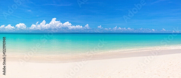 Fototapeta Panoramic view of a beautiful beach with white sand turquoise ocean water and a blue sky with clouds on a sunny day ideal for summer vacation themes. Made with generative AI