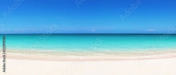 Fototapeta Panoramic view of a beautiful beach with white sand turquoise ocean water and a blue sky with clouds on a sunny day ideal for summer vacation themes. Made with generative AI
