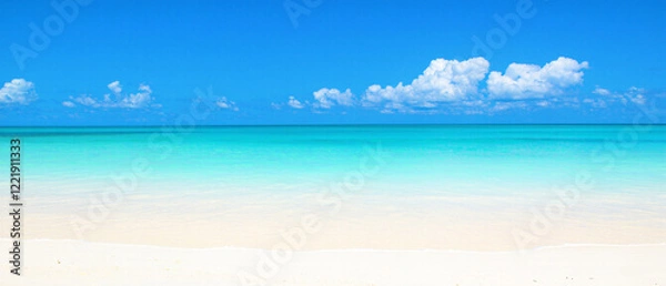 Fototapeta Pristine sandy beach with turquoise ocean waves and white clouds reflected in calm water under a sunny blue sky. Idyllic Maldives landscape, copy space. Made with generative AI