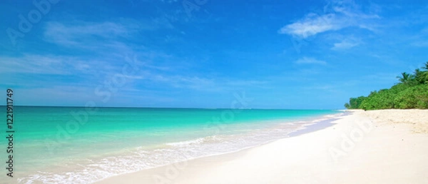 Fototapeta Pristine sandy beach with turquoise waves under a bright blue sky and soft white clouds, creating a serene tropical seascape with copy space. Made with generative AI