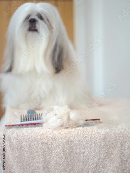 Fototapeta Pile of tangled dog fur after being combed out, with long-haired Shih Tzu in the background.
