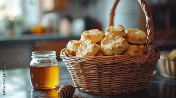 Fototapeta Golden Brown Biscuits in Wicker Basket with Honey