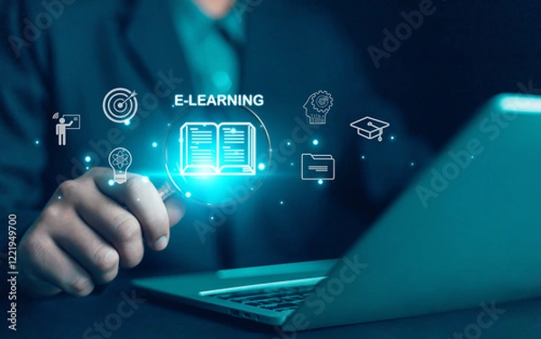 Fototapeta  E-learning education concept, internet lessons and online webinar.  who attends online lessons on a digital Education  learning online with webinar, learn,training, education, course, tutorial,
