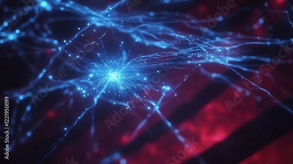 Fototapeta Abstract Network of Glowing Blue Lines and Nodes with a Red and Black Background