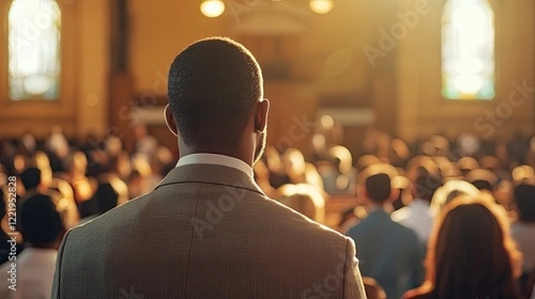 Fototapeta a moment where a pastor is preaching to a diverse congregation, showcasing inclusivity and community in a vibrant worship environment.