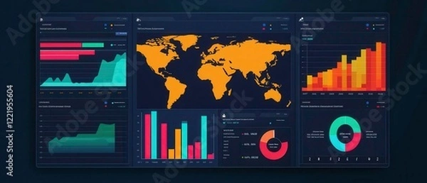 Obraz A modern data dashboard displaying global maps and various colorful graphs, showcasing analytics and performance metrics.