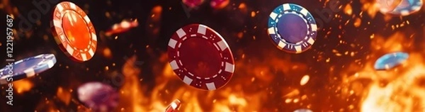 Obraz flying casino poker chips, on a fire background, generative ai