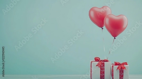 Fototapeta Two heart-shaped balloons float above two gifts with red ribbons against a teal background.