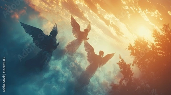 Fototapeta an ethereal background with soft silhouettes of angels against a dawn or sunset sky.