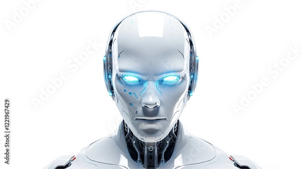 Fototapeta Close up of a futuristic robot head on a transparent background