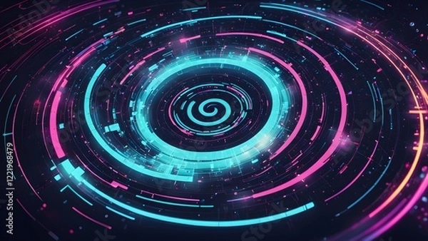 Fototapeta Abstract swirling neon circles and glowing particles create a futuristic digital background.
