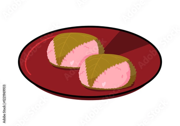 Obraz 皿に乗せた道明寺桜餅のイラスト