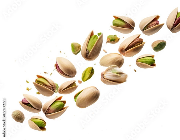 Fototapeta Flying pistachio nuts with cracked shells and whole nuts. white background