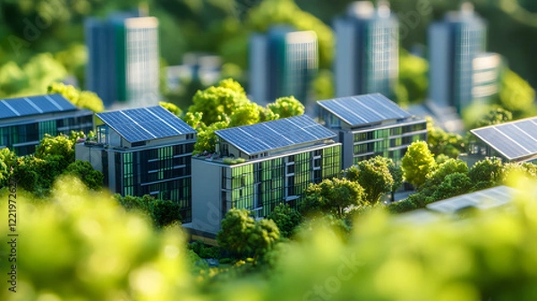 Fototapeta A green and sustainable urban center, featuring solar panels on buildings to provide renewable energy and reduce environmental impact.