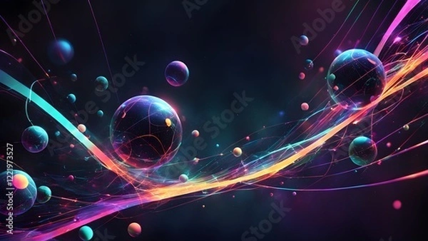 Fototapeta Abstract cosmic artwork featuring vibrant neon light trails and glowing spheres in a dark space.