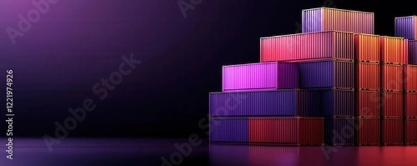 Fototapeta A vibrant arrangement of shipping containers in various colors, set against a dark backdrop, creating a modern, industrial aesthetic.