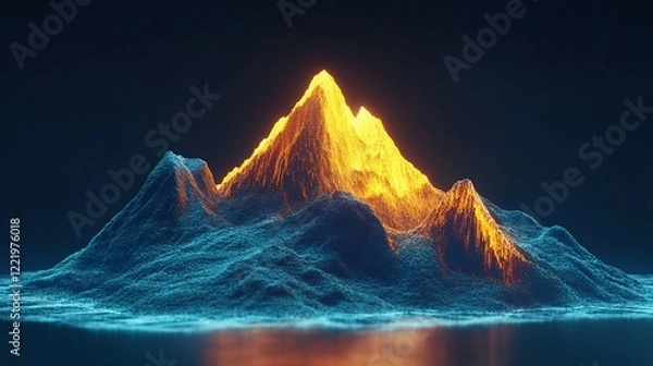 Obraz Abstract digital landscape of mountains with luminous peak and reflective surface