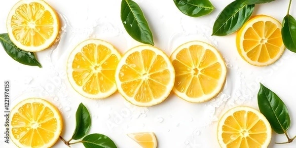 Fototapeta slices of lemon and lemon slices are surrounded by stains of water and green mint leaves, arranged on a white background