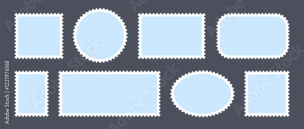 Fototapeta Blue postage stamps set. Post stamp frames and borders. Ellipse, rectangle, square template for mail, postcard, letter, note. Jagged wavy edge forms. Vector zigzag objects for badge, sticker, photo