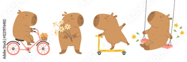 Fototapeta Funny capybaras set with a different activity