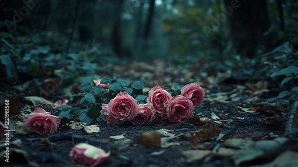 Fototapeta A bunch of pink roses are lying on the ground in a dark forest path
