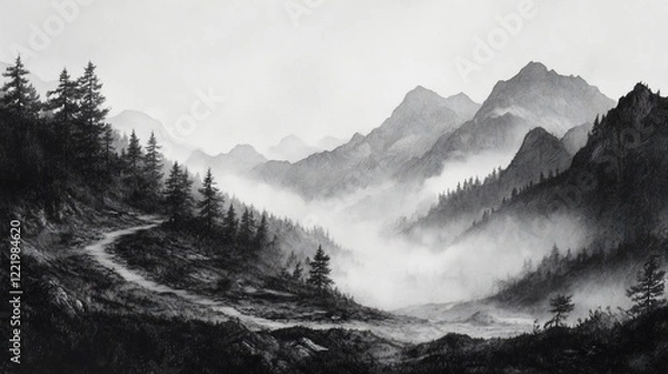 Fototapeta Monochromatic Mountain Landscape with Foggy Valleys and Winding Paths through Pines