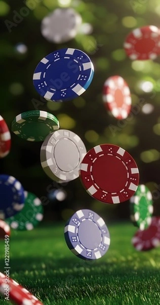 Obraz flying casino poker chips, on a grass background, generative ai