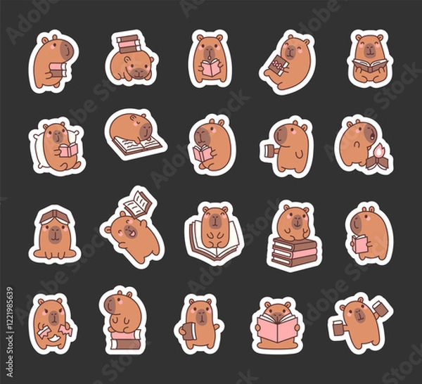 Fototapeta Capybara characters set with books, reading and learning in cute kawaii cartoon style for fun and relaxing activities with emotional and charming poses for yours design projects