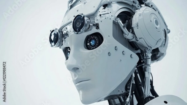 Obraz A close-up of a humanoid robot’s sensory array on its head, featuring multiple sensors and cameras, sleek and modern setting
