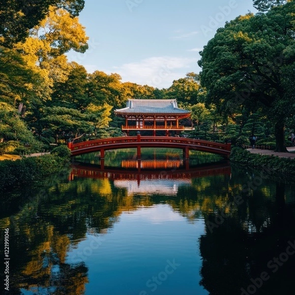 Fototapeta Tranquil Meiji Jingu Shrine Park: Japanese Architecture & Red Bridge Amidst Lush Greenery & Blue Skies