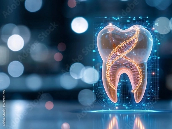 Fototapeta 3D Human Tooth Anatomy concept. Digital illustration of a glowing tooth with DNA strands, symbolizing dental health and genetic research in a high-tech environment.