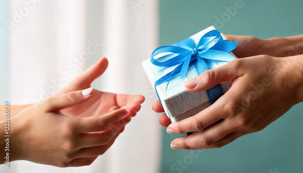 Obraz プレゼントを渡す男性と受け取る女性の手元のアップ、ホワイトデー・誕生日