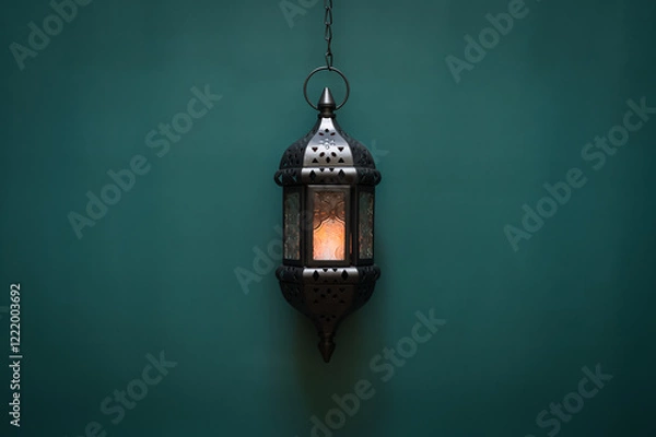 Fototapeta Black hanging lantern with light on green background for the Muslim feast of the holy month of Ramadan Kareem.