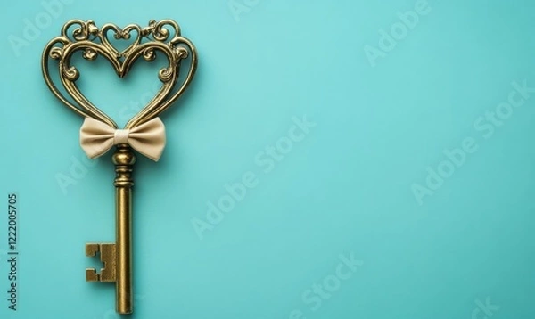 Obraz Vintage Ornate Golden Key with Heart Shaped Bow on Teal Background for Real Estate and Love Concepts, Generative AI