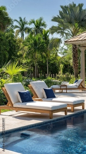 Fototapeta Wooden deck chairs inviting relaxation by the luxurious poolside