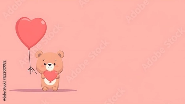 Fototapeta Adorable Teddy Bear Cub Holding a Heart Shaped Balloon in a Flat Design Cute Animal Character Symbolizing Love Romance and Affection for Valentine s Day or Any