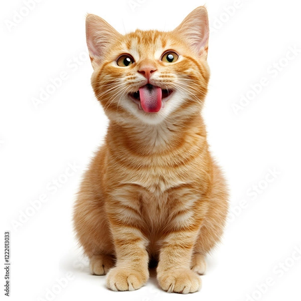 Fototapeta Adorable the orange ginger cat is licking and happy , sitting on white background