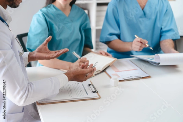 Fototapeta Two male doctors and a female nurse meet at a table in the hospital, collaborating on medical tasks, using laptops and computers, showcasing teamwork,and focusing on health,medicine,and patient care
